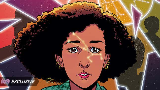 An illustration of Arab American character Rana Fawaaz. She has pierced ears and short but big brown hair and has a constellation shining on her face on the cover of Starstruck #1.
