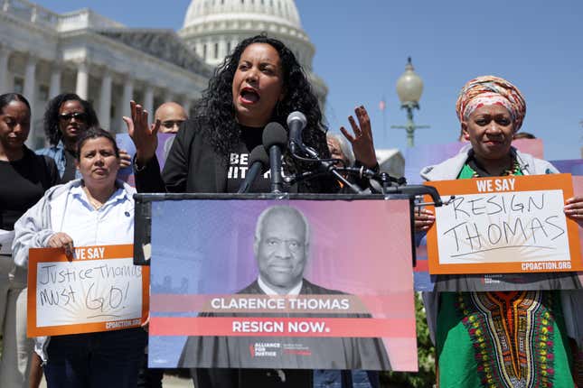 WASHINGTON, DC - APRIL 19: Analilia Mejia, Co-Executive Director of Center for Popular Democracy, speaks during a news conference outside the U.S. Capitol calling for immediate resignation of U.S. Supreme Court Associate Justice Clarence Thomas