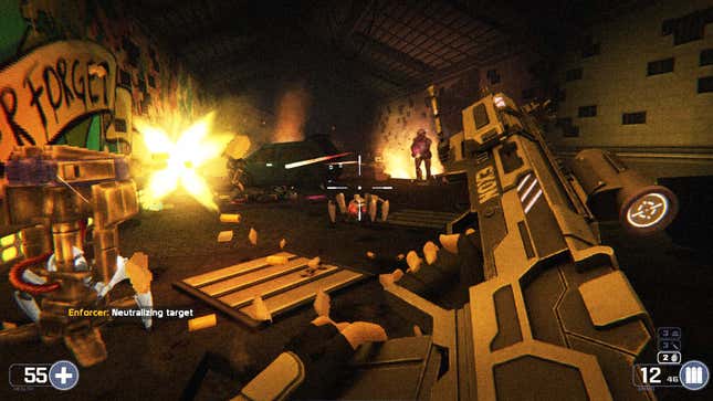 A screenshot shows a turret shooting an enemy in Selaco. 