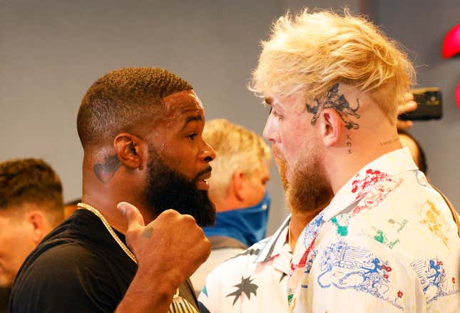 Jake Paul and Tyron Woodley take part in media availability at 5th St. Gym ahead of their August 28th boxing match on June 03, 2021 in Miami, Florida.