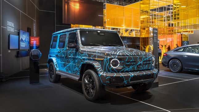 Front 3/4 view of a camouflaged Mercedes-Benz G-Class EV at CES