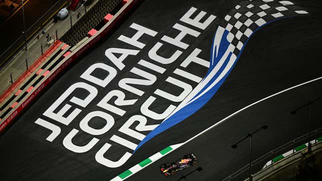 A photo of the Jeddah Corniche logo on the circuit in Saudi Arabia.
