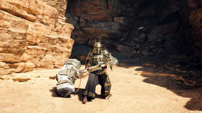 A hunter wearing a Rocksteady Mantle carries a large Hammer.
