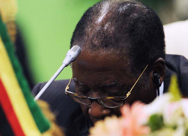 Zimbabwe's President Robert Mugabe appears to be asleep, during the first plenary session of the 3rd Africa-EU Summit in Tripoli, Libya, Monday Nov. 29, 2010. 80 African and European Heads of State and Government and some 50 observers from third countries met in Tripoli to discuss concrete ways to stimulate inclusive growth, to create employment opportunities, and to use sustainable development as a driver for growth.
