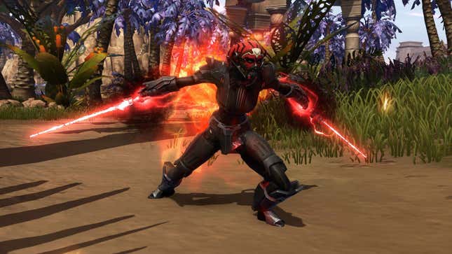 A character dual-wields red lightsabers in an image from Star Wars: The Old Republic.