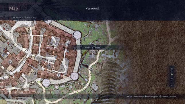 A map of Vernworth zoomed in on the Common Quarter and The Slums (where Walter's Tavern is), with a "II" icon on Albert's house for Dragon's Dogma 2's A Beggar's Tale quest.