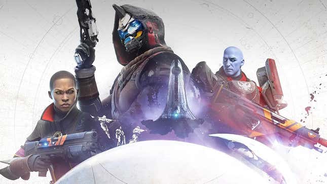 Die Hauptfiguren von Destiny stehen über The Traveller. 