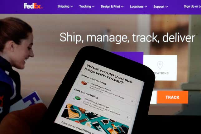 A FedEx webpage and the Uber package app page are shown in this photo, in New York, Wednesday, Oct. 4, 2023. Uber, the ride-hailing and delivery company, said Wednesday that it is adding a new task to its list of services: mailing consumers&#39; return packages. (AP Photo/Richard Drew)