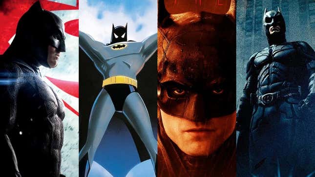 Four different cinematic Batman pose in a photo montage.