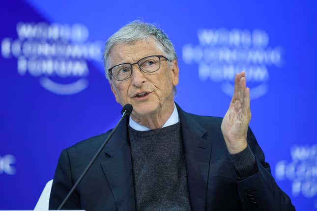 FILE - Bill Gates takes part in a panel at the Annual Meeting of World Economic Forum in Davos, Switzerland, Jan. 17, 2024. The CEO of the Bill &amp; Melinda Gates Foundation, Mark Suzman, called on billionaires to give away more of their money to address inequality and to do it soon in an annual letter released Thursday, Jan. 25. (AP Photo/Markus Schreiber, file)