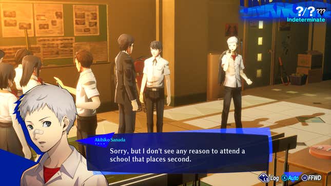 A young Akihiko says "Sorry, but I don't see any reason to attend a school that places second," to a scout.