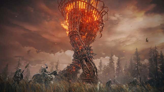 A giant walking cauldron set ablaze walks through a field