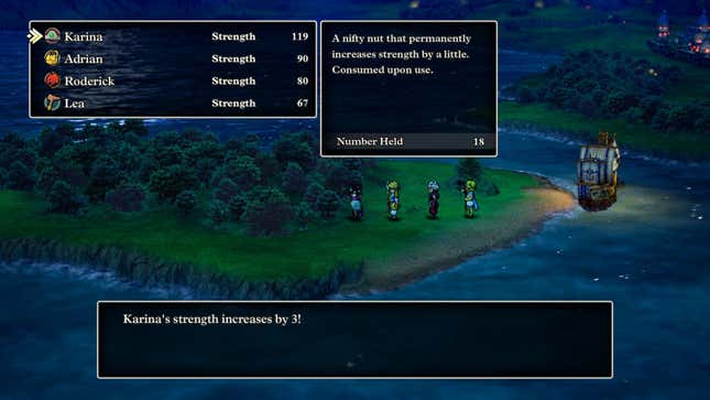 A screenshot of Dragon Quest III HD-2D. The party is seen on an island at nighttime. Text boxes depict the main character using a seed item and having her strength increased by three.