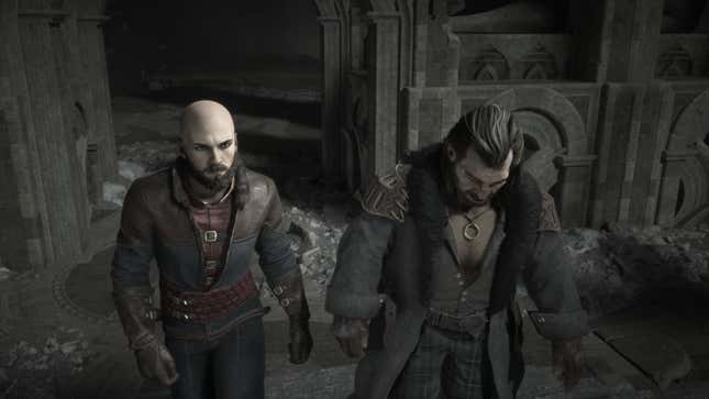 Rook and Varric walk up stairs.