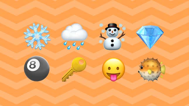 Emojis of a snowflake, cloud with rain, snowman, jewel, eight ball, key, face with tongue out, and blowfish are shown.