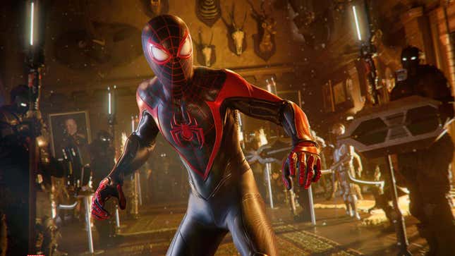 An image shows Spider-Man in a room filled with suits of armor and animal trophies.