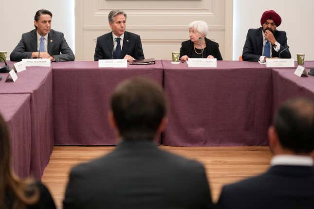 FILE - Secretary of State Antony Blinken, second from left, participates in global infrastructure and investment forum with Amos Hochstein, left, senior advisor to the president on energy and and investment, Janet Yellen, second from right, United States Secretary of Treasury, and Ajay Banga, right, World Bank president, in New York, Sept. 21, 2023. Economic crises are rippling through the countries bordering Israel. That raises the possibility of a chain reaction from the war against Hamas that further worsens the financial health and political stability of Egypt, Jordan and Lebanon and creates problems well beyond.(AP Photo/Seth Wenig, Pool)