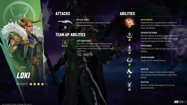 Loki's abilities screen.