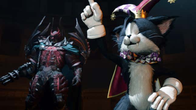 Cait Sith holds up a finger as he addresses the audience during a play.