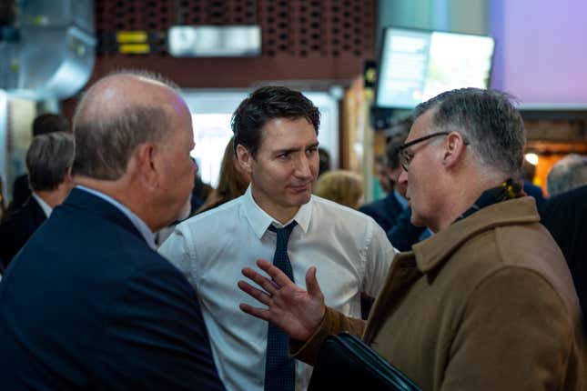 Canadian Prime Minister Justin Trudeau speaks with business leaders at the U.S.-Canada Economic Summit held at Evergreen Brick Works on February 7, 2025 in Toronto, Canada.