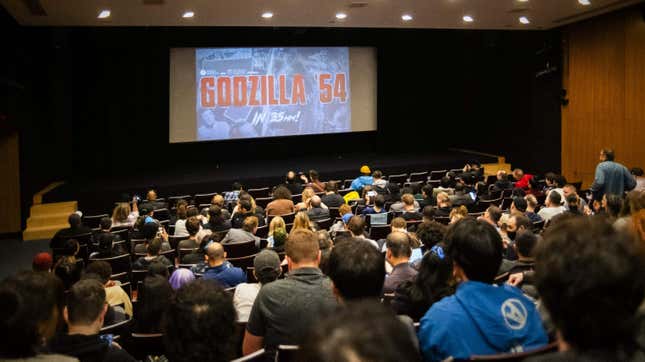 Audiences view a screen that says "Godzilla '54" at the New York Japan Society on October 14, 2023.