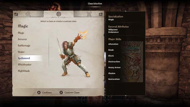 The class selection screen for the Spellsword in Oblivion Remastered.