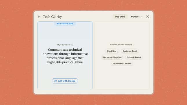 display in orange and cream of Claude's style selector feature