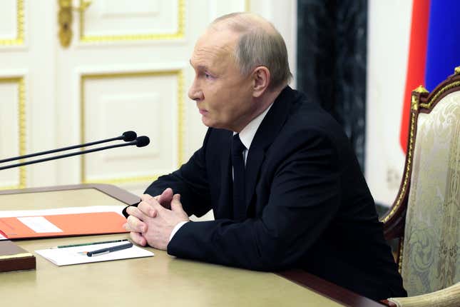 Russian President Vladimir Putin chairs a Security Council meeting in Moscow, Russia, Thursday, April 11, 2024. (Alexei Babushkin, Sputnik, Kremlin Pool Photo via AP)