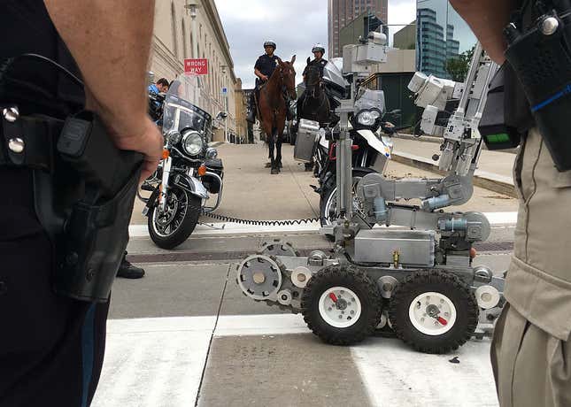 Police officers in Cleveland, Ohio, demonstrate some of their security assets, including remote-controlled robots, horse-mounted officers, and bomb-sniffing dogs on July 14 2016 ahead of the Republican National Convention. The city, in conjunction with federal agencies, is boosting security for the high-profile event. 