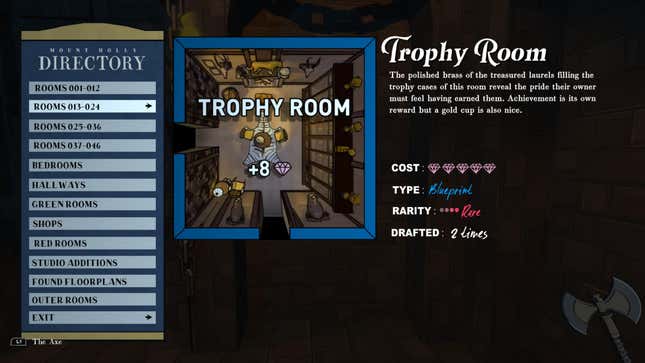 A screenshot from the Directory menu in Blue Prince. The Trophy Room is selected.