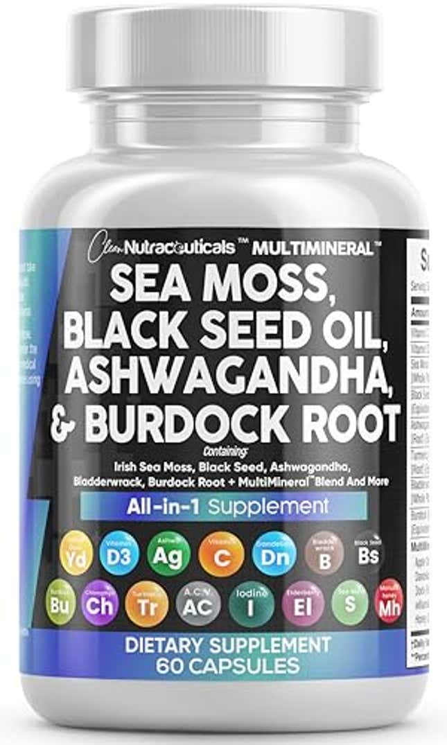 Image for article titled Sea Moss 3000mg Black Seed Oil 2000mg Ashwagandha 1000mg Turmeric 1000mg Bladderwrack 1000mg Burdock 1000mg &amp; Vitamin C &amp; D3 with Elderberry Manuka Dandelion Yellow Dock Iodine Chlorophyll ACV, Now 25% Off