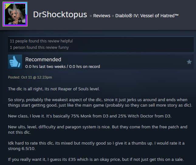 Image for article titled Diablo 4: Vessel Of Hatred, As Told By Steam Reviews