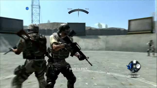 A pair of shoulders go back-to-back in a screen from EA's Army of Two. 