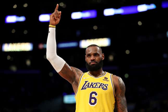 LOS ANGELES, CALIFORNIA - JANUARY 17: LeBron James #6 of the Los Angeles Lakers reacts to a play during the fourth quarter against the Utah Jazz at Crypto.com Arena on January 17, 2022 in Los Angeles, California. (Photo by Katelyn Mulcahy/Getty Images)