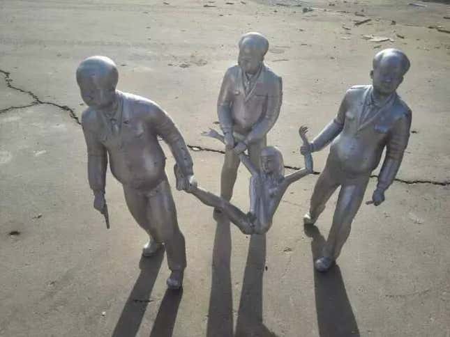 A woman carried away by three men who look like Mao Zedong, by the “Gao brothers.”