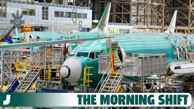 A photo of a 737 Max aircraft being produced at a Boeing factory. 