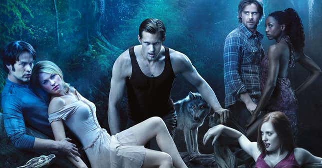 The cast of True Blood, HBO's 2008-2014 supernatural romance series, in a photoshopped promotional poster.. 