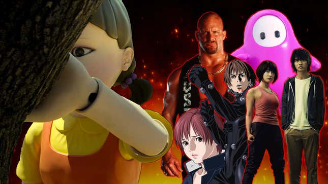 Stone Cold Steve Austin and characters from Alice In Borderlands, Gantz, and Fall Guys stand in front of a fiery background as they play a game of red light green light with Squid Game's little girl.  