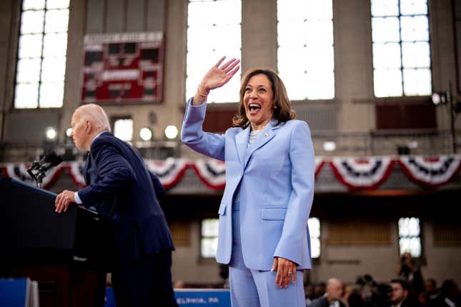 U.S. President Joe Biden and U.S. Vice President Kamala Harris stand on stage at a rally at Girard College in Philadelphia, Pennsylvania.