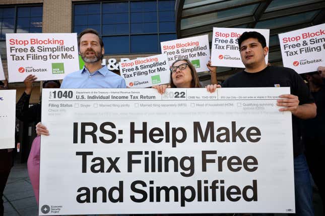 Advocates gather in Washington, DC to call out tax prep companies like Intuit TurboTax and H&amp;R Block for blocking simplified filing and to support Internal Revenue Service (IRS) exploration of alternative free tax filing on April 17, 2023 in Washington, DC