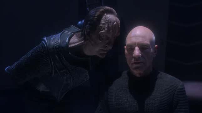 Gul Madred whispers into the ear of a drugged Jean-Luc Picard in Chain of Command, Part 2.