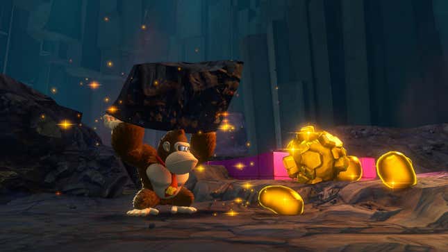 Donkey Kong looking annoyed at gold nuggets.