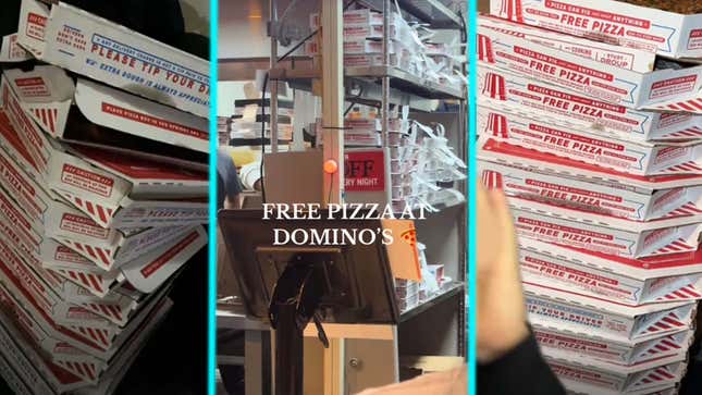 An image of screenshots from TikTok showing all the free pizza chaos. 