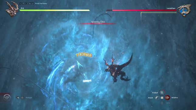 The attack name Spinning Dive is seen as Ifrit hovers above (or falls below) torrential waters
