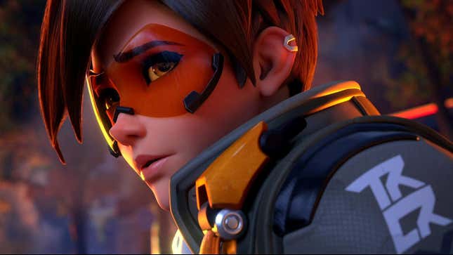 Tracer looks sad at something off-screen.