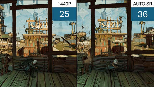 Auto SR running on two scenes from Borderlands 3 showing a character crounching behind a wall.