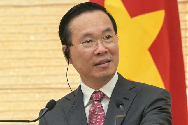 Vietnam&#39;s President Vo Van Thuong addresses the media during a joint press conference with Japan&#39;s Prime Minister Fumio Kishida after their meeting at the prime minister&#39;s official residence in Tokyo, Japan, Monday, Nov. 27, 2023. (Richard A. Brooks/Pool Photo via AP)