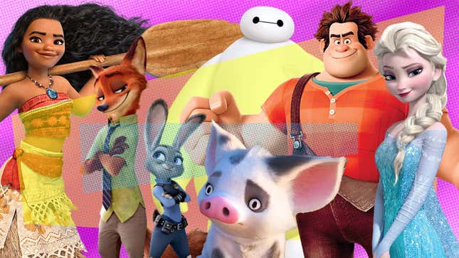 Characters from Moana, Zootopia, Big Hero 6, Frozen, and Wreck-It Ralph appear in front of a pink and orange background.