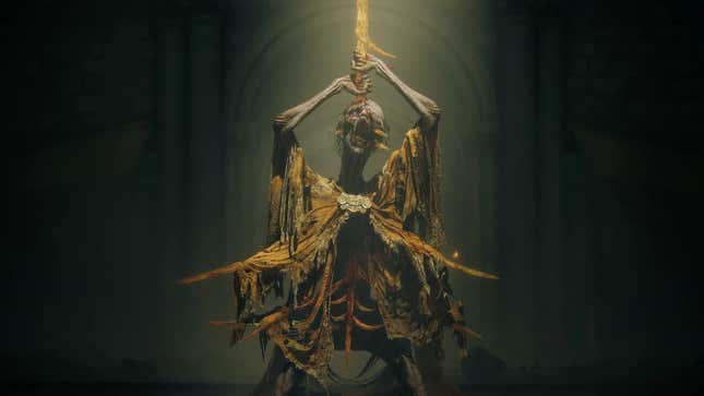 A screenshot of Elden Ring: Shadow of the Erdtree showing a character whose eye has been impaled. They appear to be pulling out the implement. 