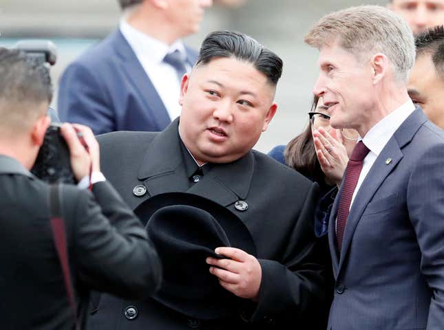 Kim Jong Un speaks with the governor of Primorsky Region Oleg Kozhemyako in Vladivostok, Russia, April 24, 2019.